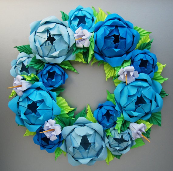 Blue Rose Origami Paper Wreath With Green Leaves