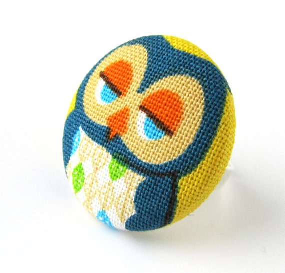 Owl ring  big large bird blue yellow funny crazy by KooKooCraft
