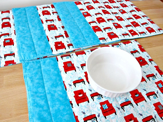 Quilted Placemats Blue Turquoise Red Modern