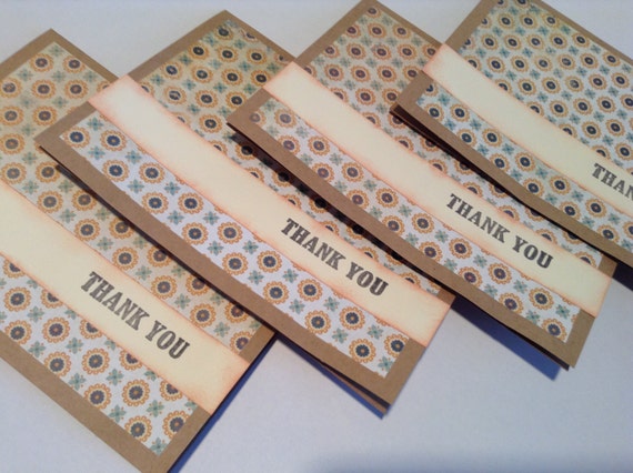 Set of four thank you note cards, stationary, patterned, thank you card set