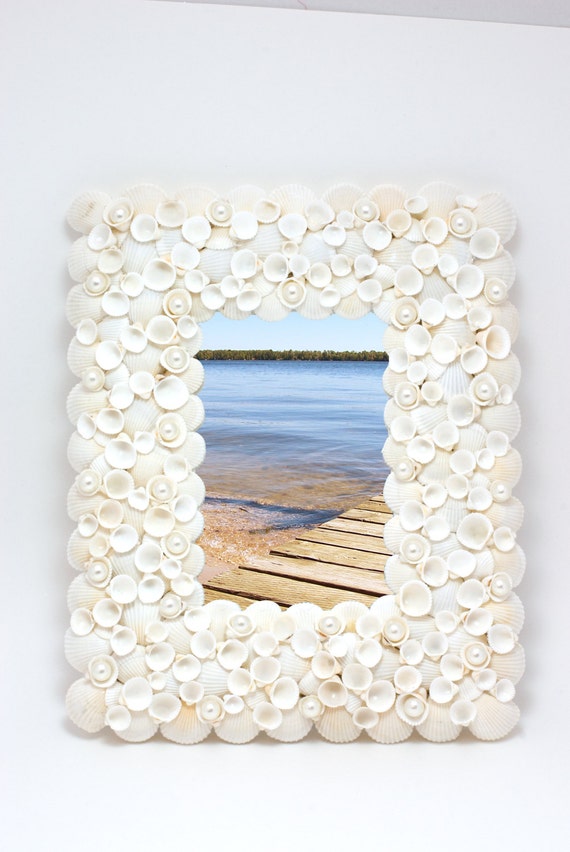 Beach Decor -  Large White Shell Mirror and  Picture Frame