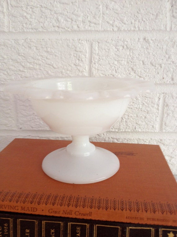 Vintage Milk Glass Pedestal Bowl - Scalloped Edge