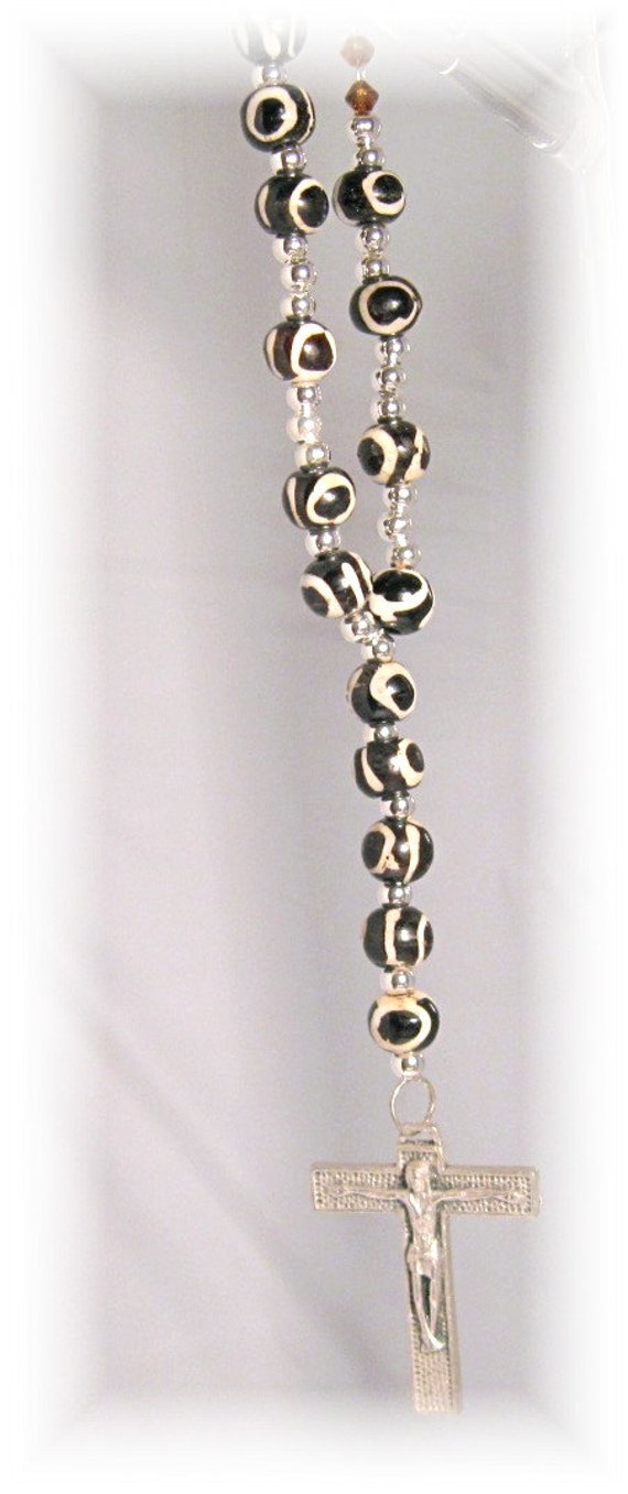 Sale Black & White Rosary Rear View Mirror Charm