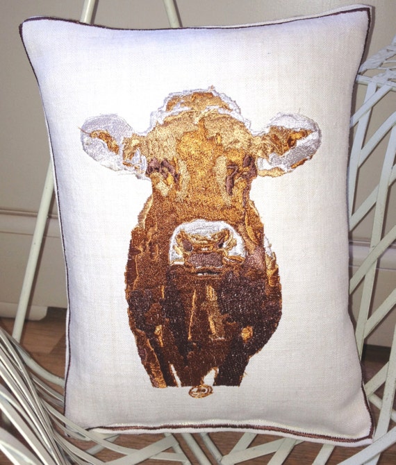 Vintage Linen, Cordell the Cow, Embroidery Art Throw Cushion