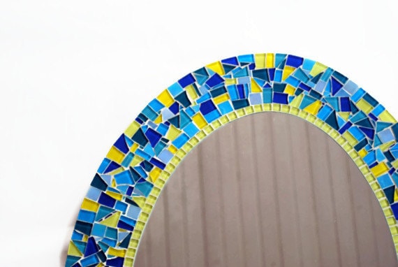 Oval Mosaic Mirror Blue and Yellow by GreenStreetMosaics on Etsy
