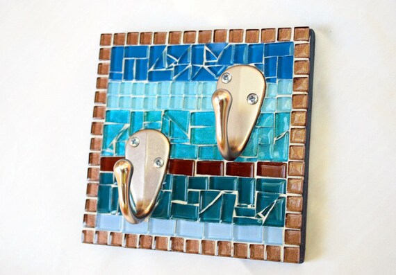 Teal and Brown Mosaic Wall Hook by GreenStreetMosaics on Etsy