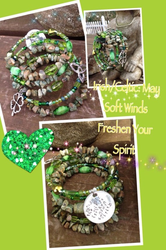 Soft Winds Freshen Your Spirit: five wrap memory wire beaded braclet with metal stamped charm