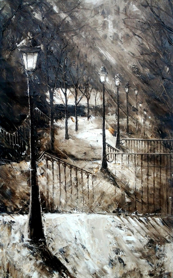 Original Oil Painting - Montmartre Stairs - Paris Landscape - Street Lamp Painting - Contemporary Fine Art By Gargovi