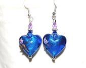Dark Blue Heart Earrings Valentines Earrings, Blue Earrings, Beadwork Earrings, Lampwork  Earrings, Glass Bead Earrings