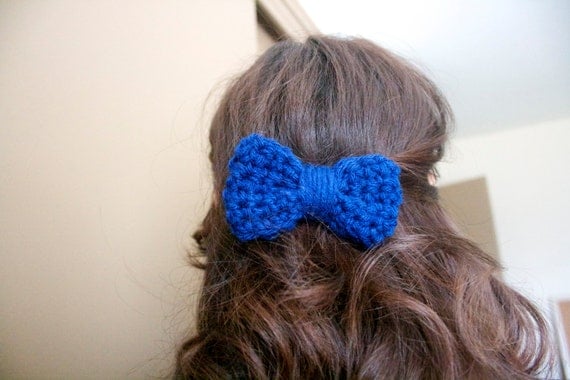 Handmade - Chunky Crochet Hair Bow - Royal Blue - Clip