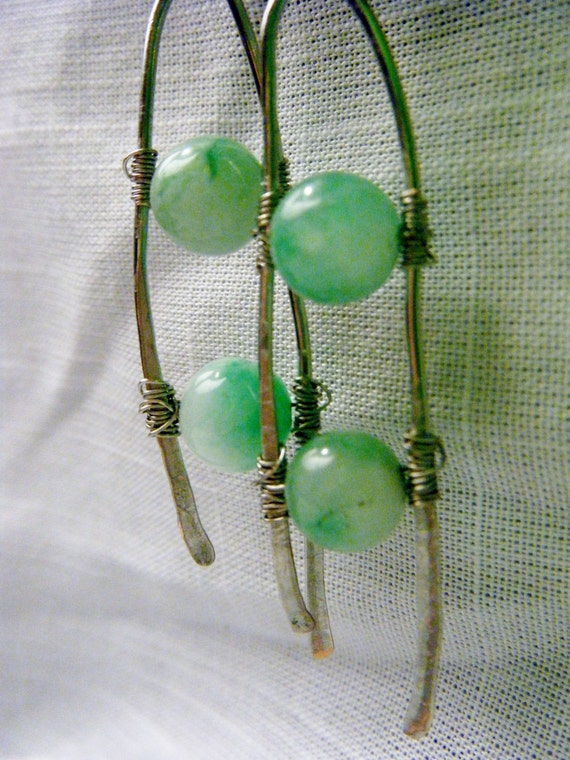 Jade Earings Dangle within Hammered Wire Frames