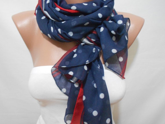 Polka Dot Blue Scarf Shawl, Patriotic July 4th Scarves, Red White Blue Scarf, Memorial Day Wear, Fashion Women Accessories, ScarfClub