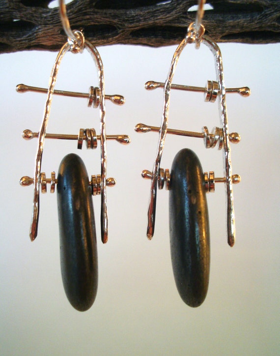 Earrings - Sterling Silver - Modernist Ladder Abacus - Beach Stone - Silversmith - RMD Designs