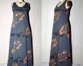 Grey Cotton Jersey Maxi Dress with bronze metallic boar skulls, purple dead trees, pearl lime green goliath beetles screenprinted
