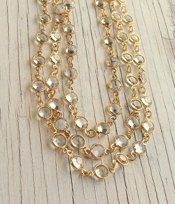 Long GOLD Necklace Chain, CHANNEL Set, Gold Bezel Set, Swarovski Crystal Necklace, Sparkly, Bling, Bride Necklace, Art Deco, 36 Inches