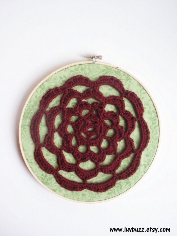 Oxblood and Mint Free Form Crochet Hoop Art with lacey by luvbuzz