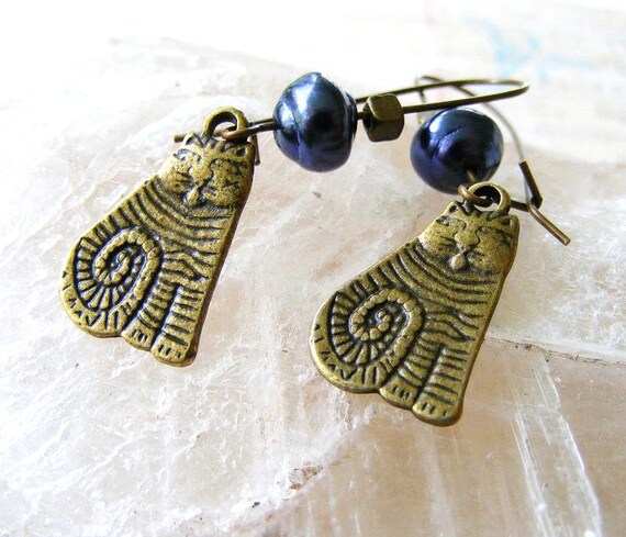 Cat Earrings Antique Bronze with Deep Blue Pearls by meiguidesigns