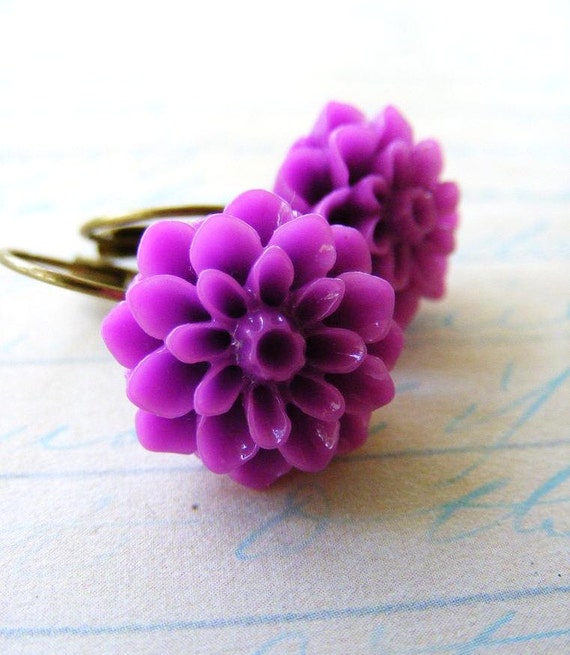 Magenta Dahlia Flower Earring Dangles with by meiguidesigns