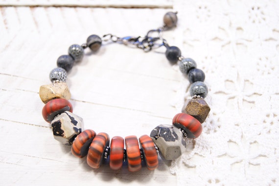 Stacked Stones Modern Art Jewelry Bracelet- Artistic Stone and Tangerine Orange Polymer Clay Gypsy Trade Bead