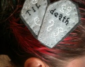 creepy tombstone valentine heart hair clip "til death" hand sewn felt embroidered hair clip