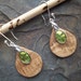 Hand Carved Teardrop Earrings - Oak Burl Wood - Green Enamel Medallion - Sterling Silver Hardware