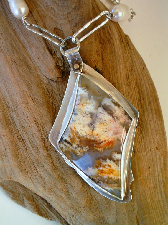 Necklace - Sterling Silver Bezel Pendant - Regency Rose Plume Agate - 14kt Gold - Freshwater Pearls - RMD Designs