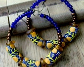 African Glass Beaded Big Hoop Earrings - Blue & Yellow - Bohemian Jewelry - Rustic - stoneandbone