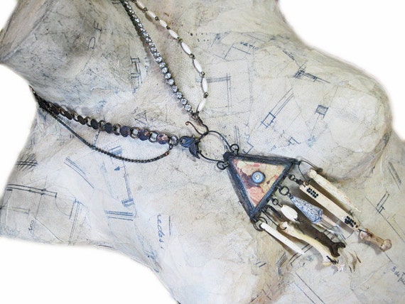 Bedlam. Pale Victorian Tribal Kuchi Assemblage Necklace with Bones.