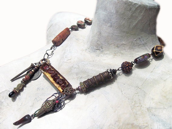 Art Will Remain. Rustic assemblage statement necklace with art beads, gold leaf, victorian tribal.