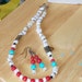 Mother of Pearl, Creamy White Bead Chips, Red Turquoise Glass Round Beads, Choker, Necklace with Earrings, Affordable Jewelry