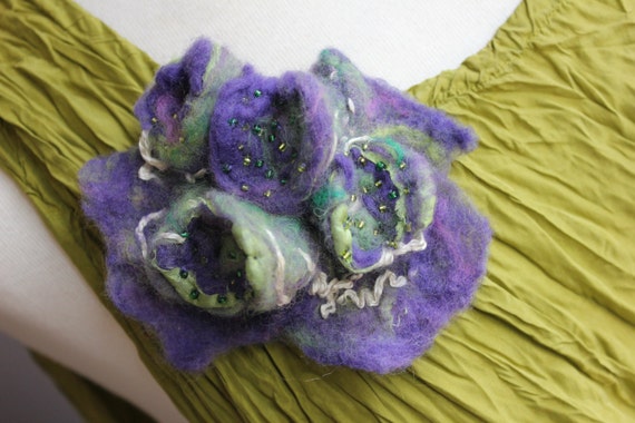 Nuno & shibori felted wool pin brooch purple green violet by Angelab5705