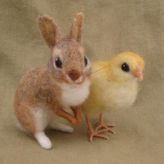 Needle felted bunny and chick, Easter basket spring decoration