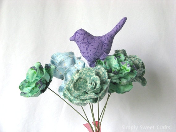 Fabric flower bouquet and fabric bird, Fabric Roses bouquet, purple aqua blue  flower arrangement, Anniversary flowers. Birthday flowers