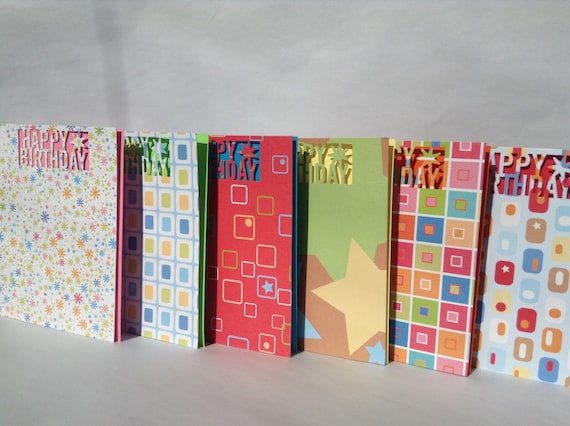 Set of six Birthday Cards, kids pack, handmade, stationary, happy birthday die cut, patterned card stock cards, 