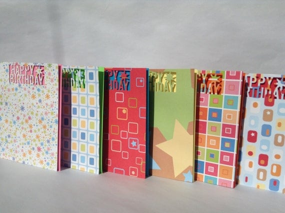 Set of six Birthday Cards, kids pack, handmade, stationary, happy birthday die cut, patterned card stock cards, 