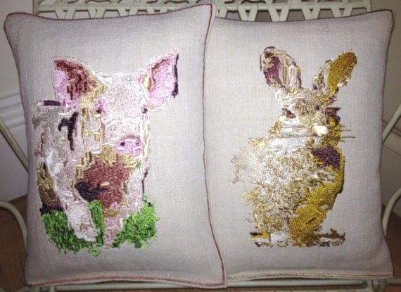 Vintage Linen, Pippa the Pig or Rafi the Rabbit, Embroidery Art Throw Cushion