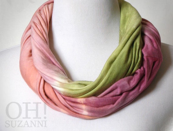 Pink Spring Infinity Scarf // Pink and Lime Green Scarf // Jersey Hand Dyed Shibori Scarf // Boho Beach Scarf