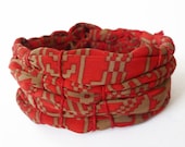 Red & Tan Handmade Valentine's Fabric Coil Cuff Bracelet / Bangle with "Tribal" Geometric Pattern