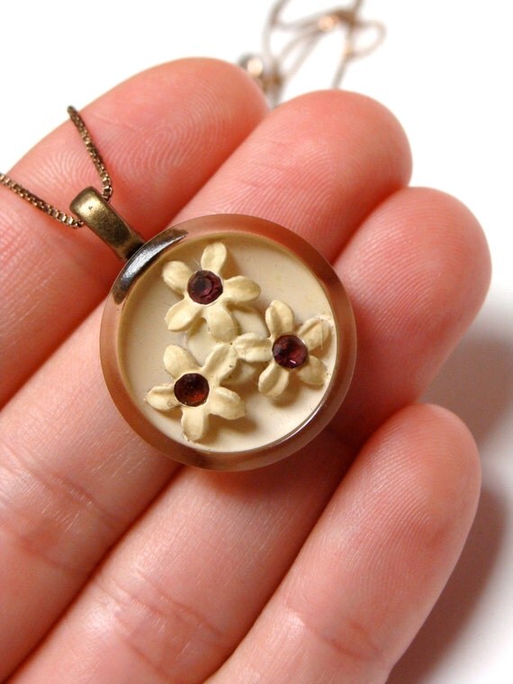 vintage lucite button necklace charm with flowers