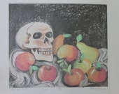 Skull with Fruit Monotype Oil Pastel Print on White Paper