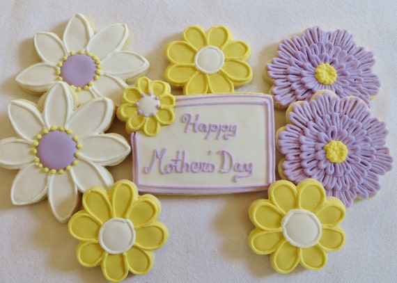 Purple and Yellow Flower cookie favors decorated for Mother's Day/Birthday etc. , 1 dozen