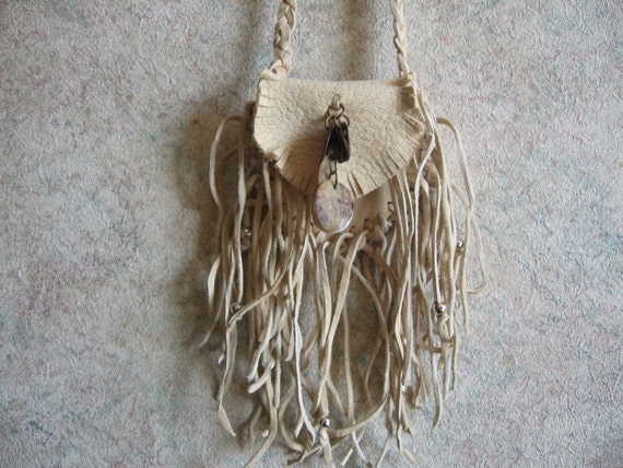 Custom Order Light Buckskin Leather Fringed  Bag Purse - Cascading Abalone Shell Disks Silver Beads