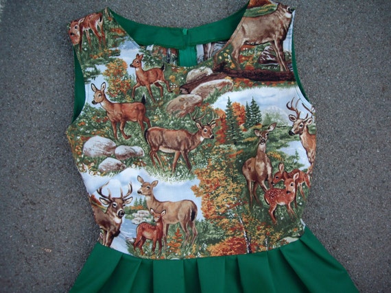 Deers and Woods Printed Cotton Dress,Summer Dress,Emerald Green.