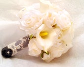 Classic White Wedding Bouquet w/ Cabbage Rose Garden Rose Calla Lily Ranunculus - Cream White Calla Lily Rose Ranunculus Silk Bridal Bouquet