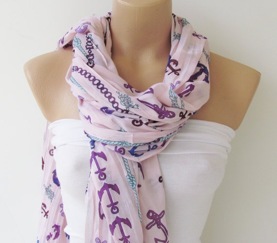 Oversize Anchor Pattern Soft Pink Scarf -Fall Fashion Scarf-Headband-Beach Pareo- Infinity Scarf- Beach Sarong-Long Scarf-New Season