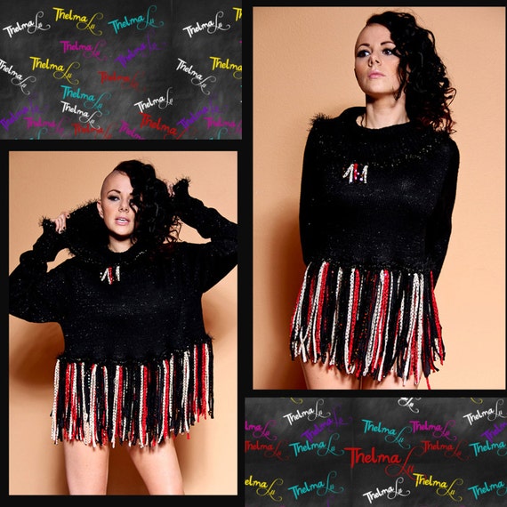 Unique one of a kind UNISEX upcycled metallic fringed FUNKY swing sweater custom make also