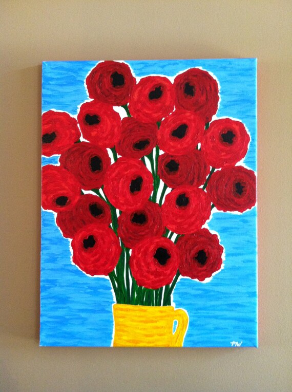 Original Abstract Painting "Red Poppy Flowers with a Yellow Vase"