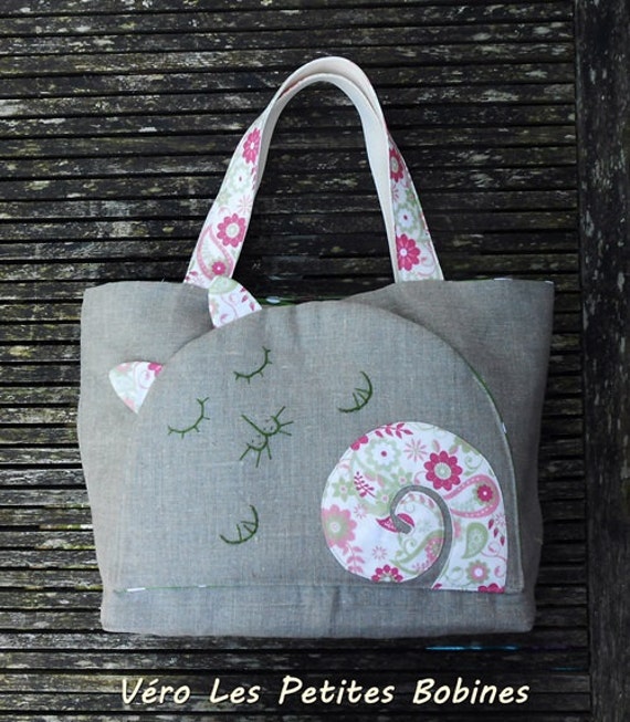 Tote bag beach bag, linen and cotton  THE PINK CAT