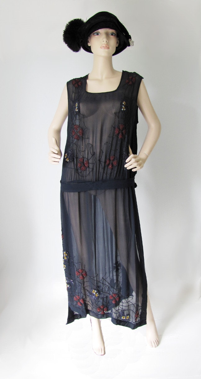 Antique 1920s Sheer Beaded Chiffon Flapper Dress Xl Large Plus Downton