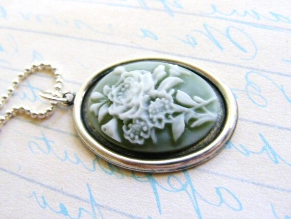 Rose Bouquet Cameo Pendant in Sage Green and by meiguidesigns